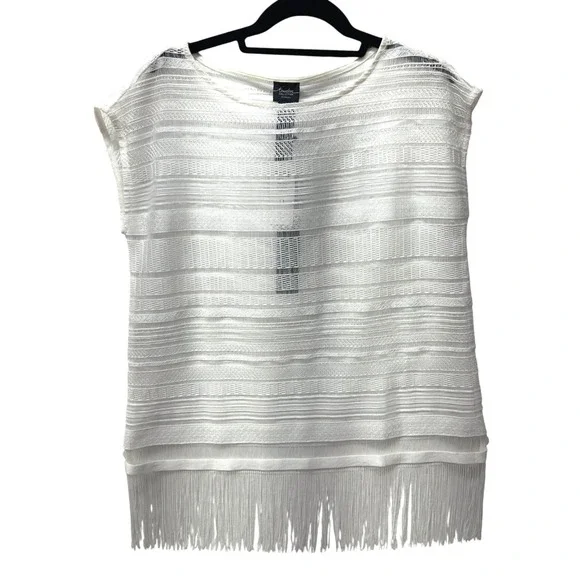 Chico's White Fringe Top  Bathing Suit Cover-up Cap‎ Sleeve Size 0 Small/4 NEW - Picture 7 of 15